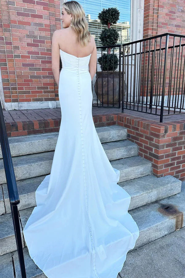 White Strapless Mermaid Long Modest Wedding Dress