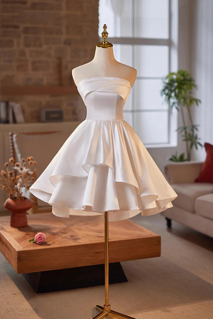 White Strapless Satin Short Prom Dress, White A-Line Evening Party Dress