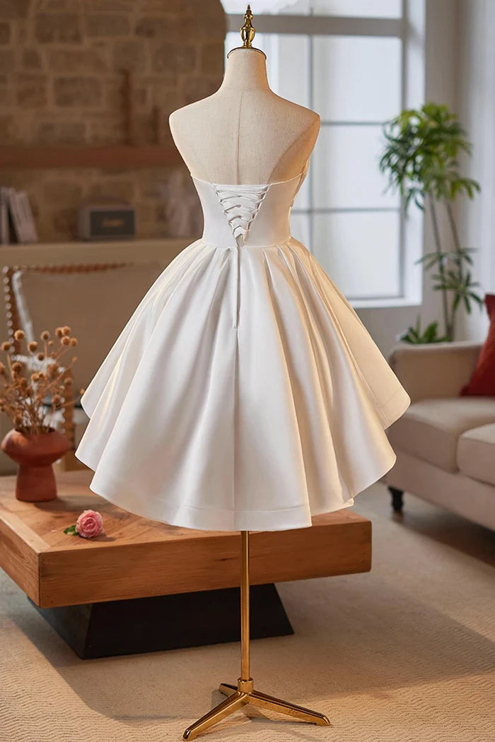 White Strapless Satin Short Prom Dress, White A-Line Evening Party Dress