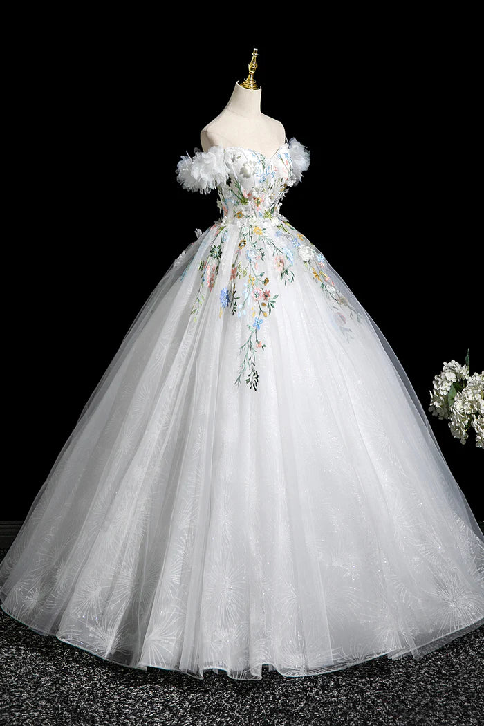 White Tulle Lace Long A-Line Prom Dress, Beautiful Off the Shoulder Party Dress