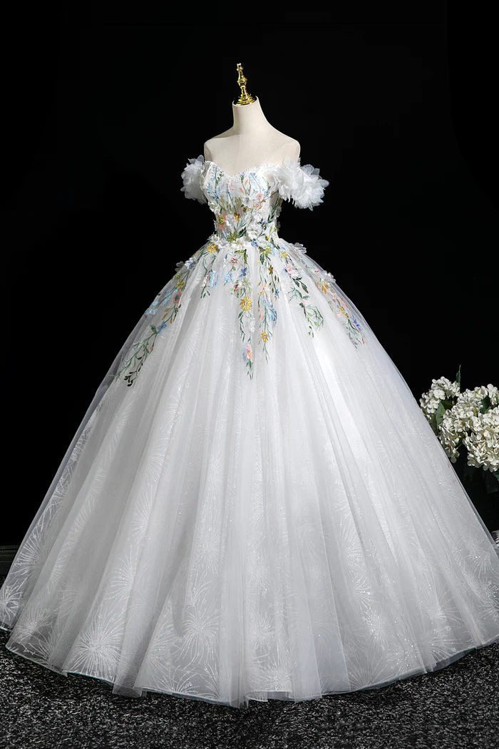 White Tulle Lace Long A-Line Prom Dress, Beautiful Off the Shoulder Party Dress