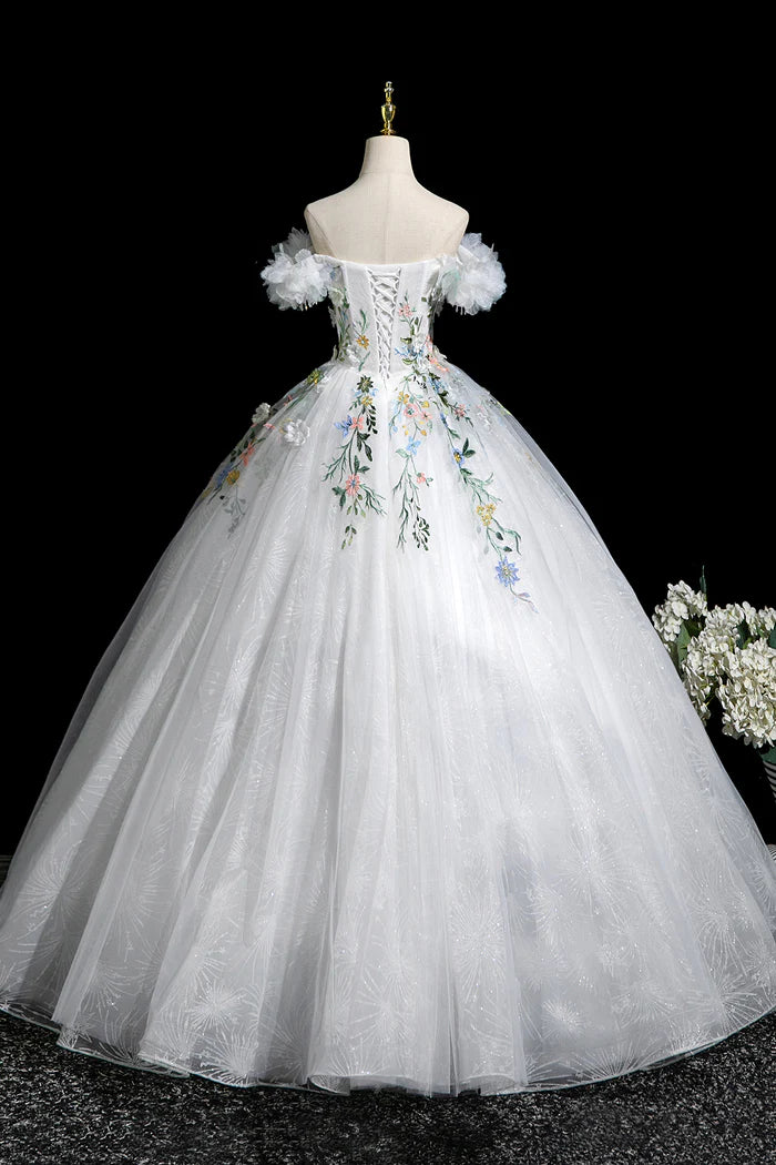 White Tulle Lace Long A-Line Prom Dress, Beautiful Off the Shoulder Party Dress