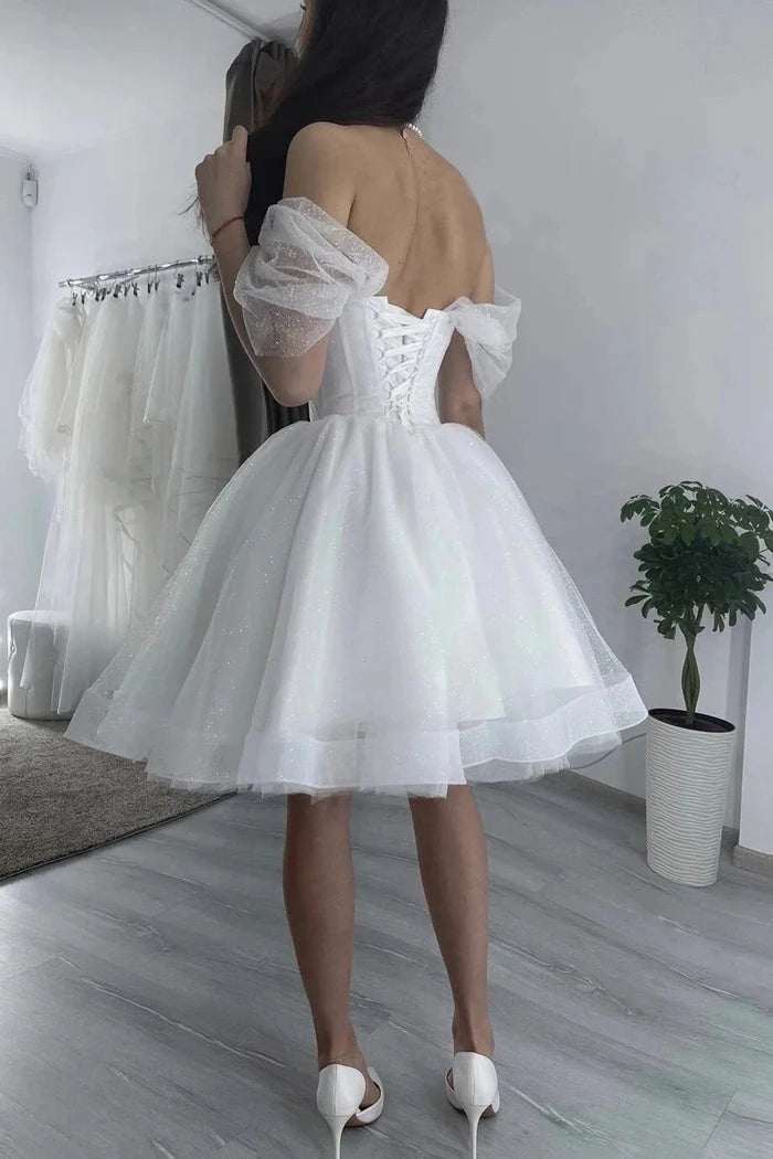 White Tulle Short A-Line Prom Dress, Lovely Off the Shoulder Party Dress