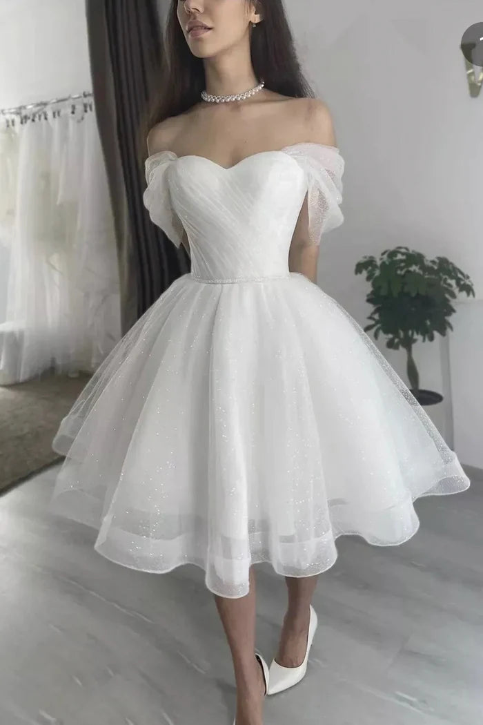 White Tulle Short A-Line Prom Dress, Lovely Off the Shoulder Party Dress