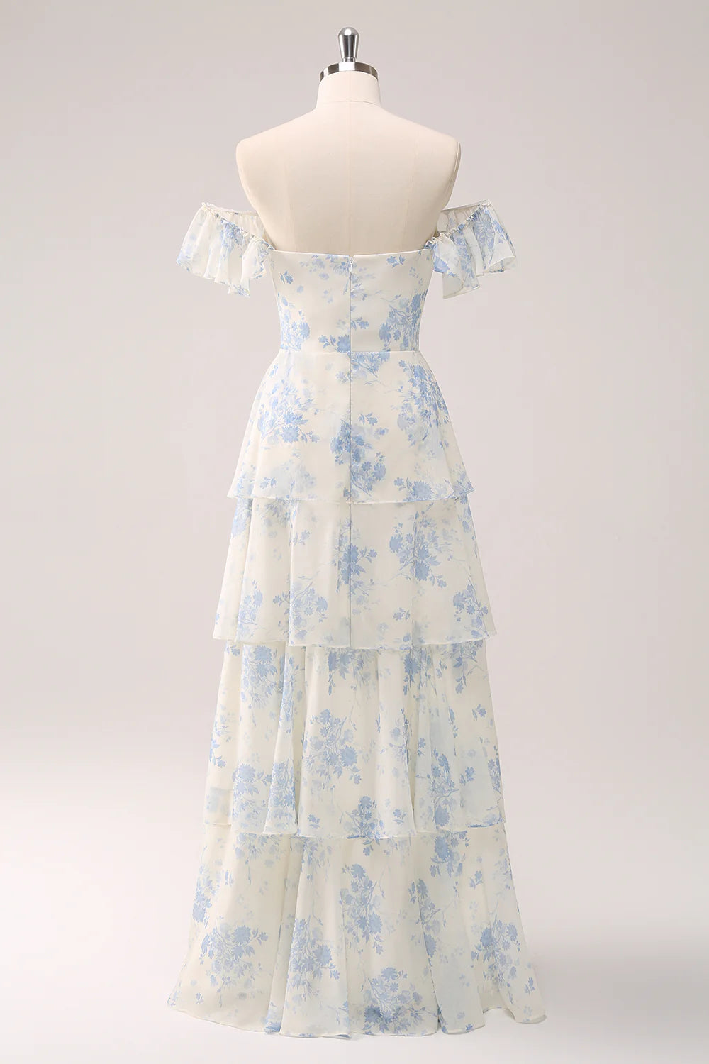 White Blue Floral A-Line Off The Shoulder Tiered Print Bridesmaid Dress