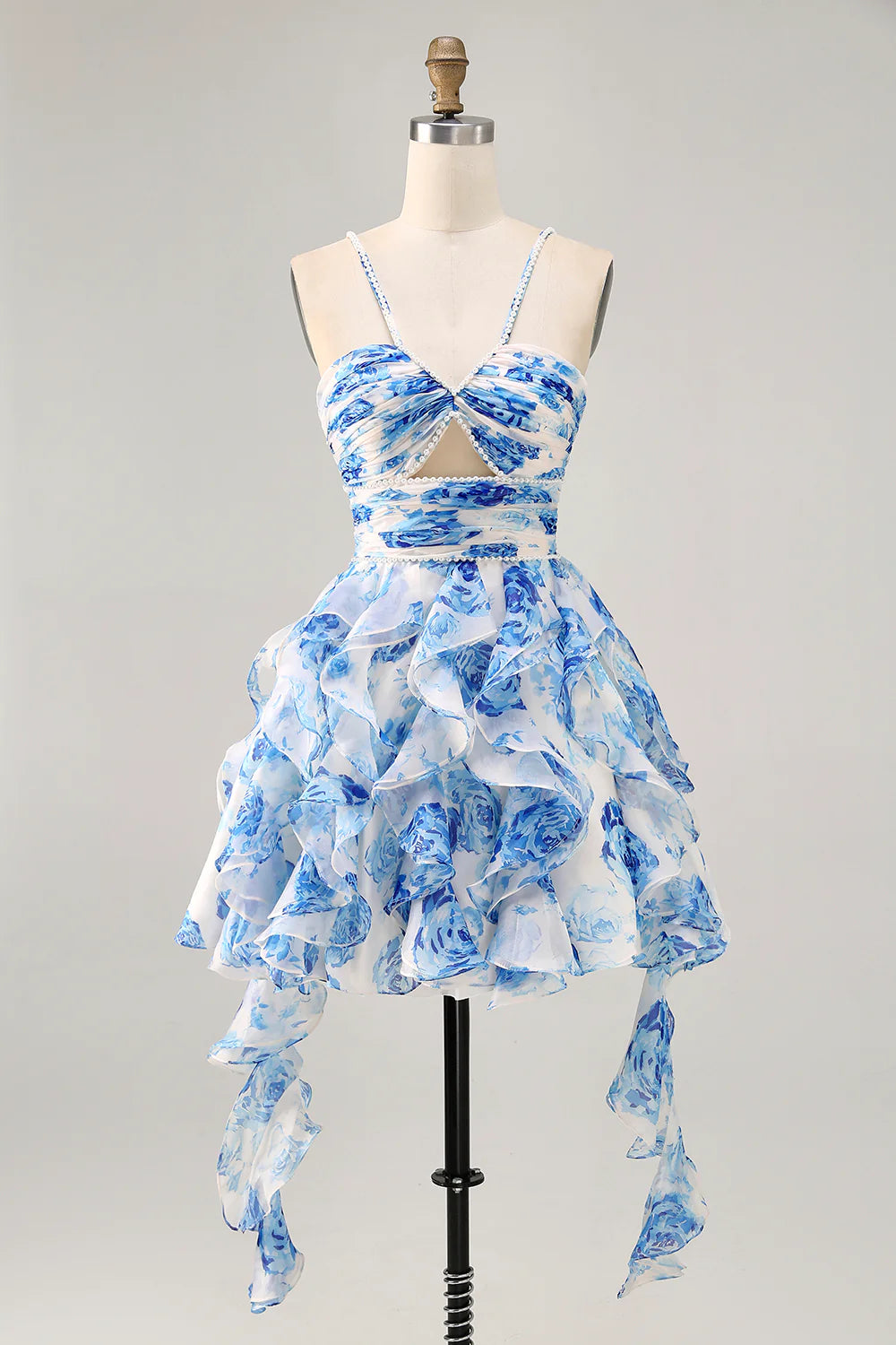 White Blue Flower A-Line Cold Shoulder Printed Beaded Homecoming Dress