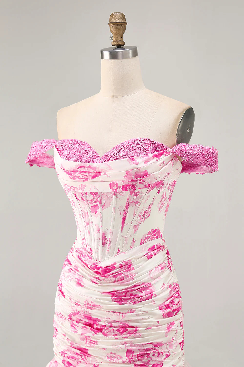 White Fuchsia Flower Off The Shoulder Printed Short Homecoming Dress