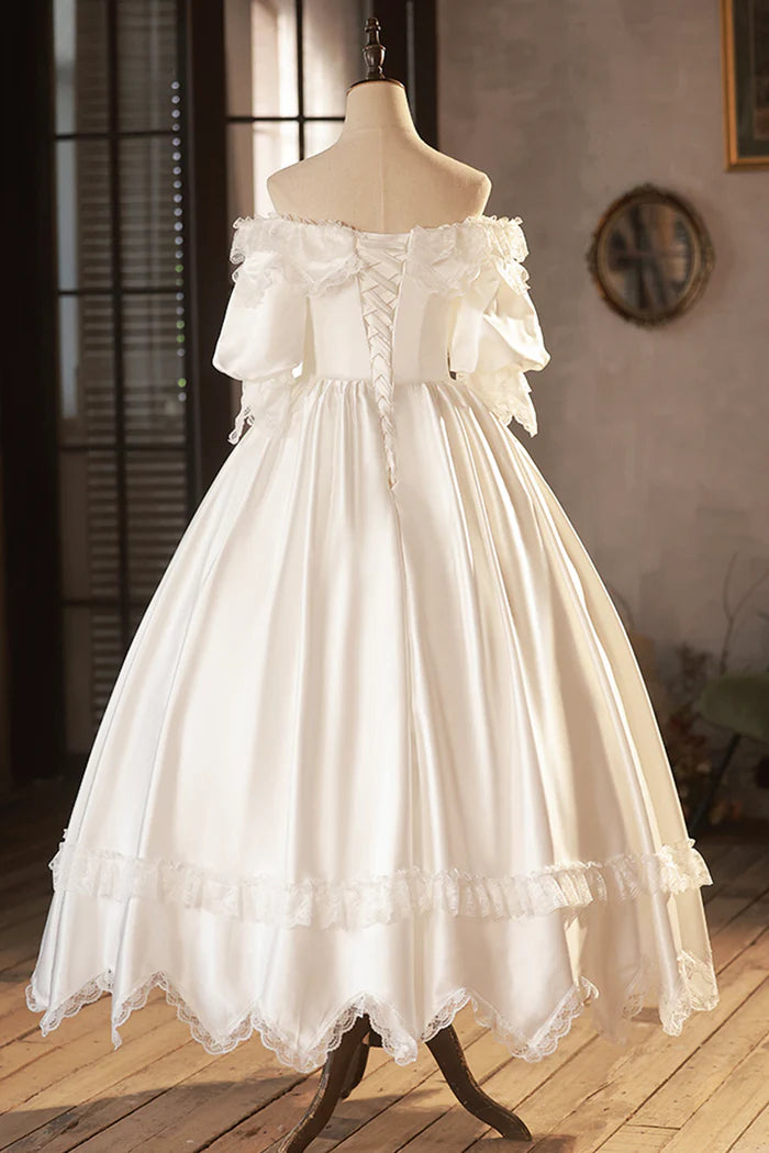 White Satin Lace Off Shoulder Prom Dress, White Evening Dress, Wedding Dress