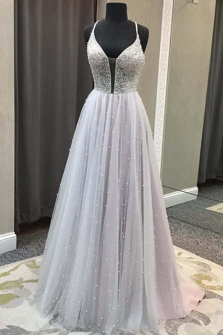 White Tulle Beaded Sleeveless A-Line Prom Dress