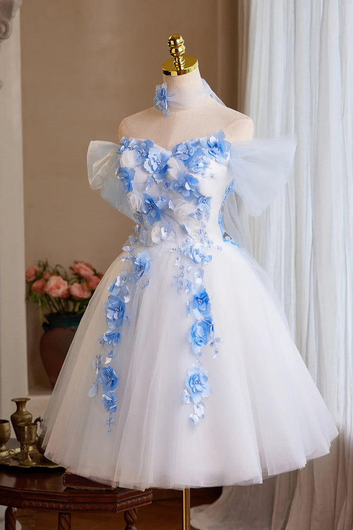 White Tulle and Blue Flowers Short Prom Dress, Cute A-Line Homecoming Party Dress