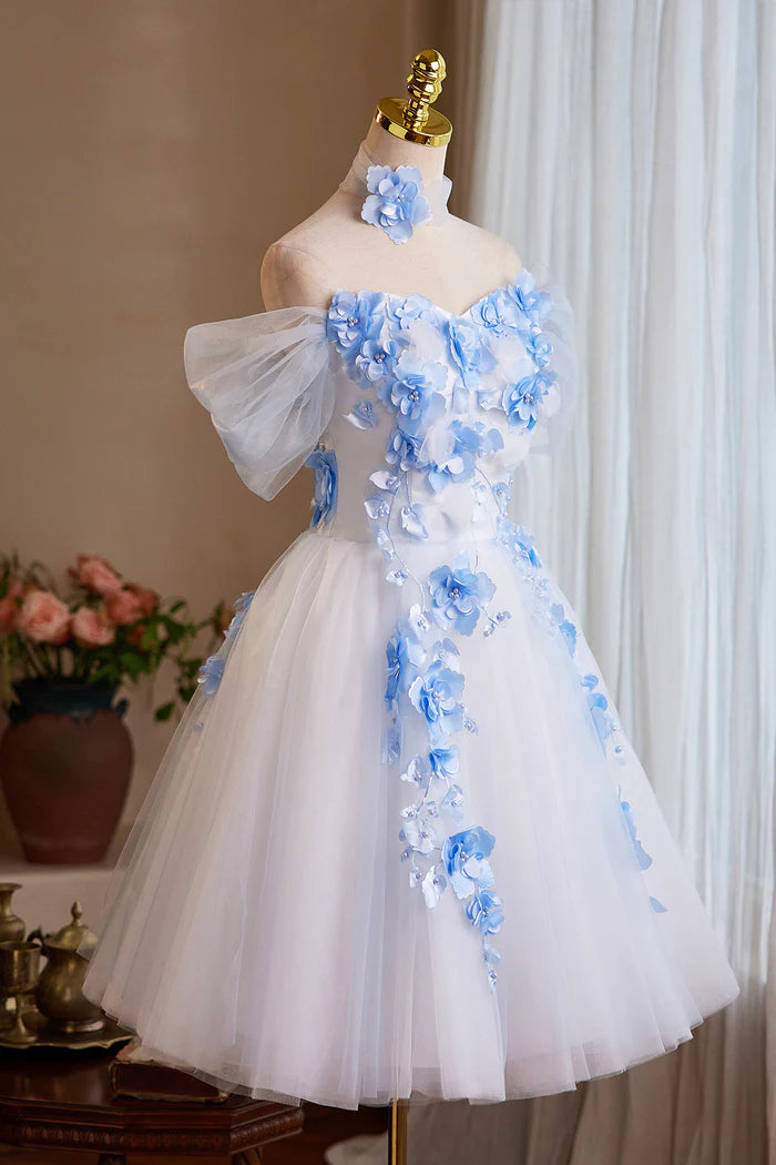 White Tulle and Blue Flowers Short Prom Dress, Cute A-Line Homecoming Party Dress