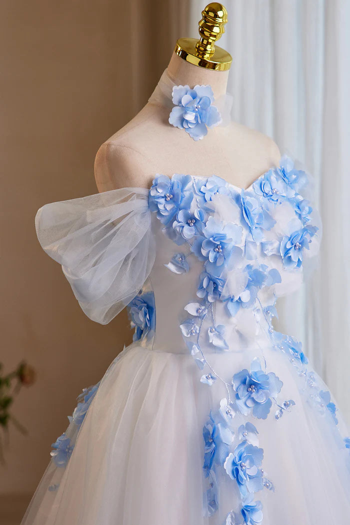 White Tulle and Blue Flowers Short Prom Dress, Cute A-Line Homecoming Party Dress