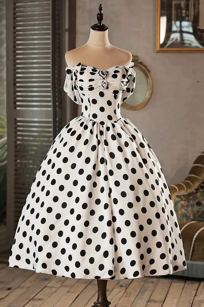 White and Black Polka Dots Short Prom Dress, Lovely A-Line Party Dress