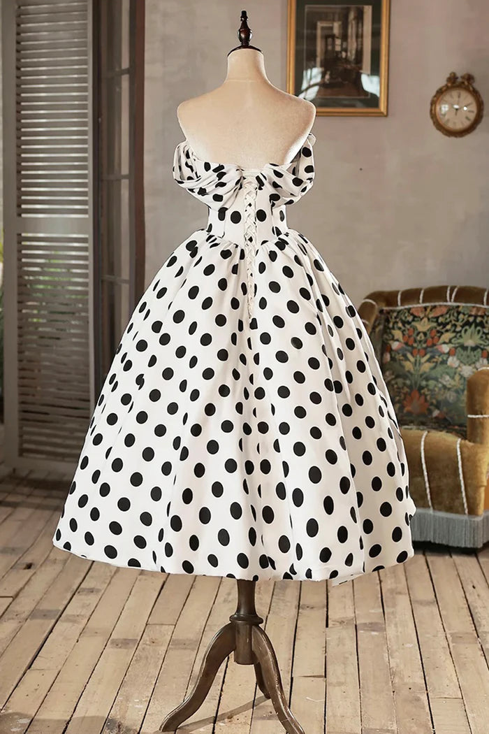 White and Black Polka Dots Short Prom Dress, Lovely A-Line Party Dress