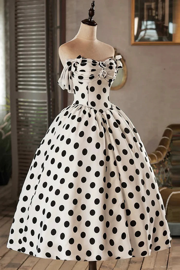 White and Black Polka Dots Short Prom Dress, Lovely A-Line Party Dress