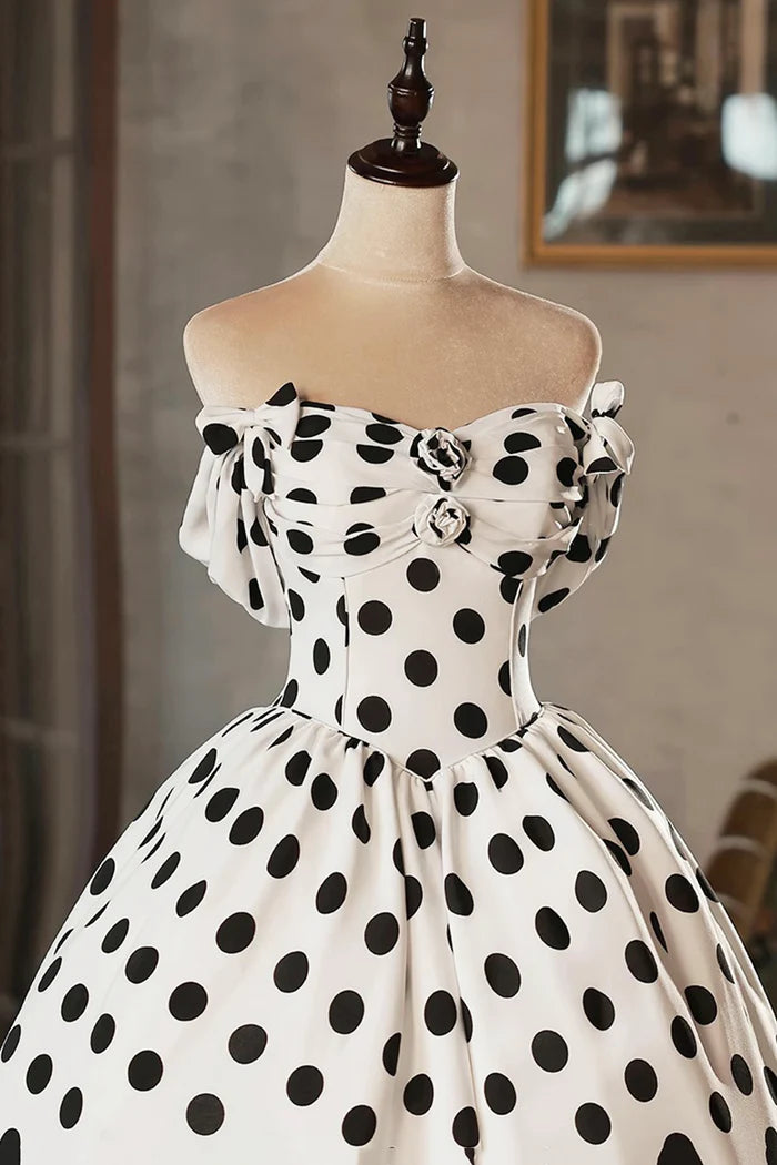 White and Black Polka Dots Short Prom Dress, Lovely A-Line Party Dress