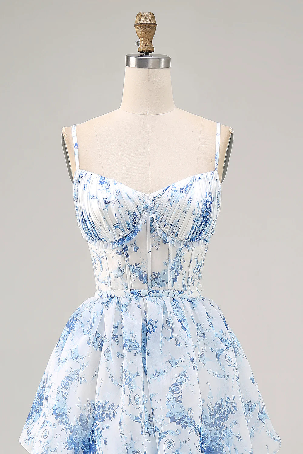 White and Blue Floral Corset Ruffled Long Wedding Guest Dress with Slit