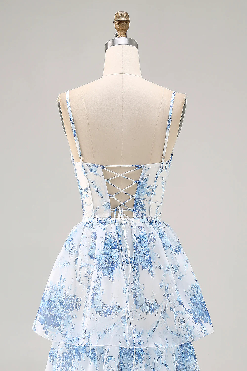 White and Blue Floral Corset Ruffled Long Wedding Guest Dress with Slit