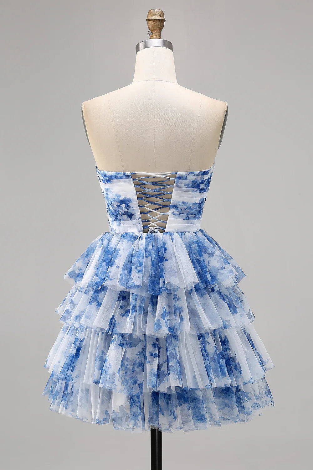 White and Blue Floral Ruffled Sweetheart Short Homecoming Dress with Bows