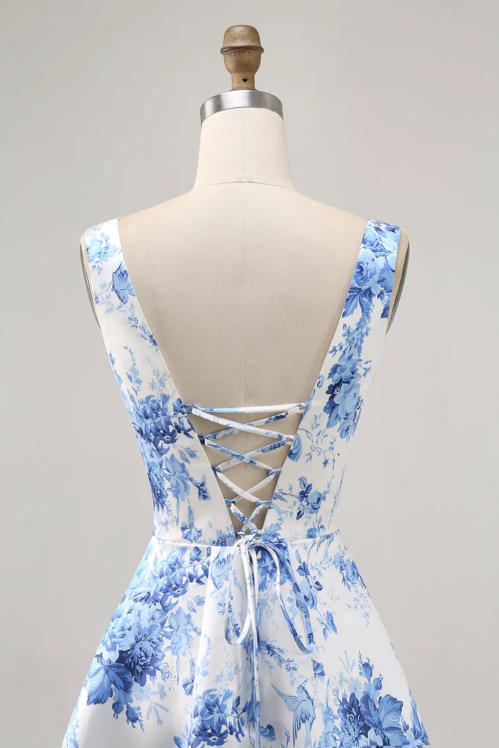 White and Blue Floral Satin Scoop Neck Short Homecoming Dress