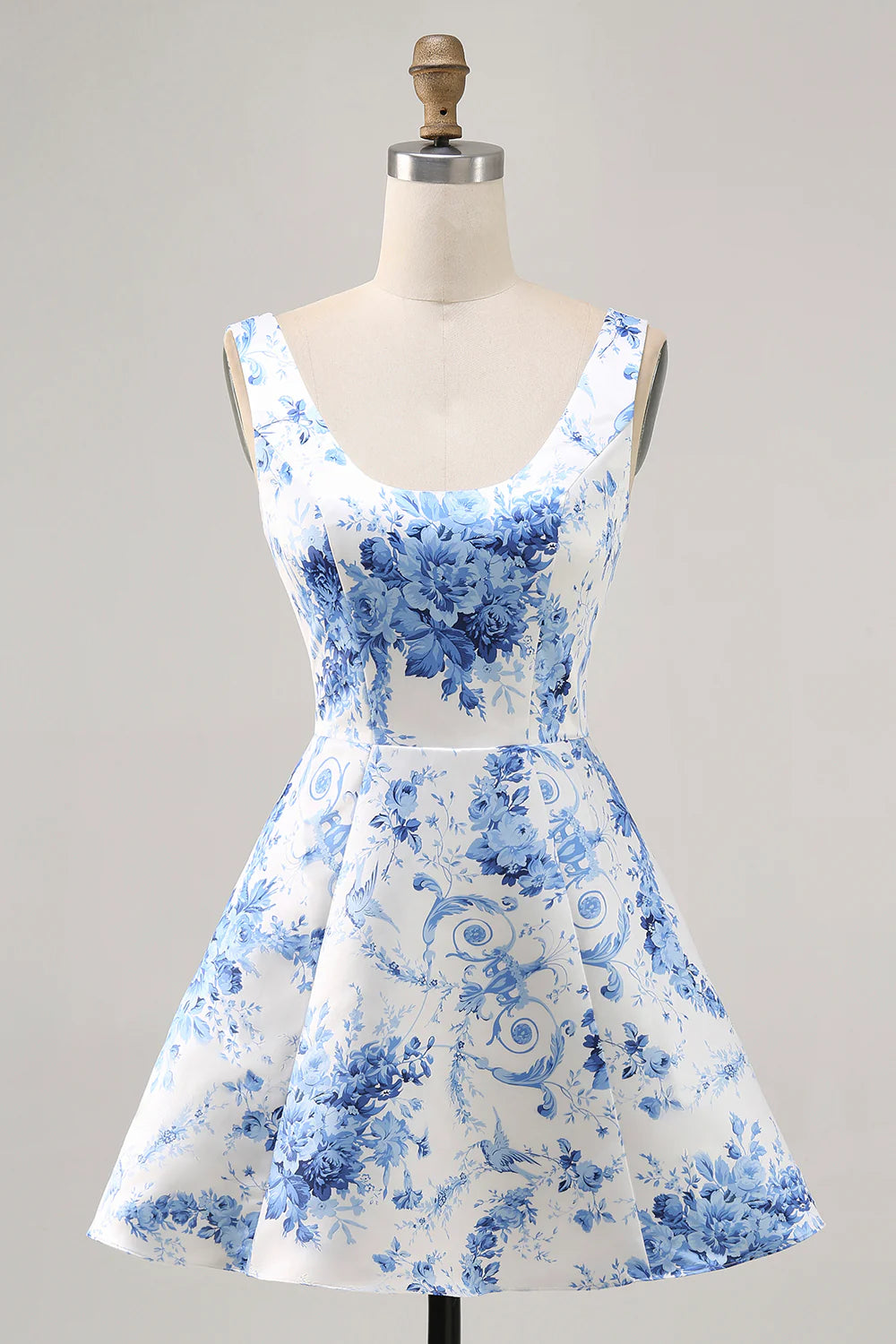 White and Blue Floral Satin Scoop Neck Short Homecoming Dress