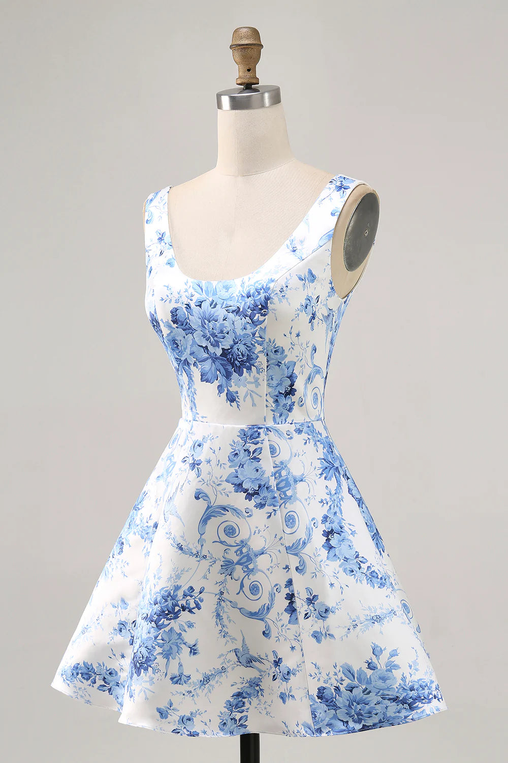 White and Blue Floral Satin Scoop Neck Short Homecoming Dress