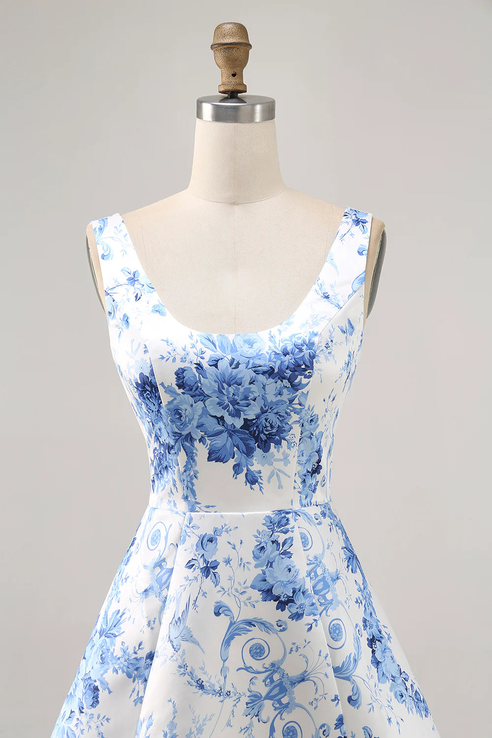 White and Blue Floral Satin Scoop Neck Short Homecoming Dress