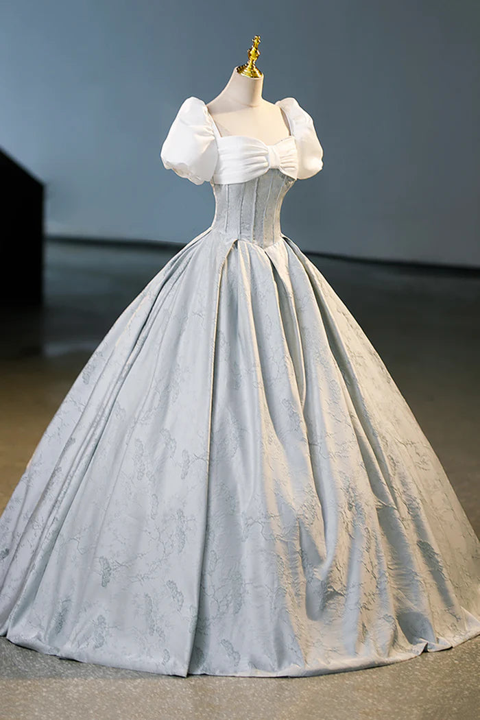 White and Gray Printed Long Ball Gown, Elegant Short Sleeve Formal Gown