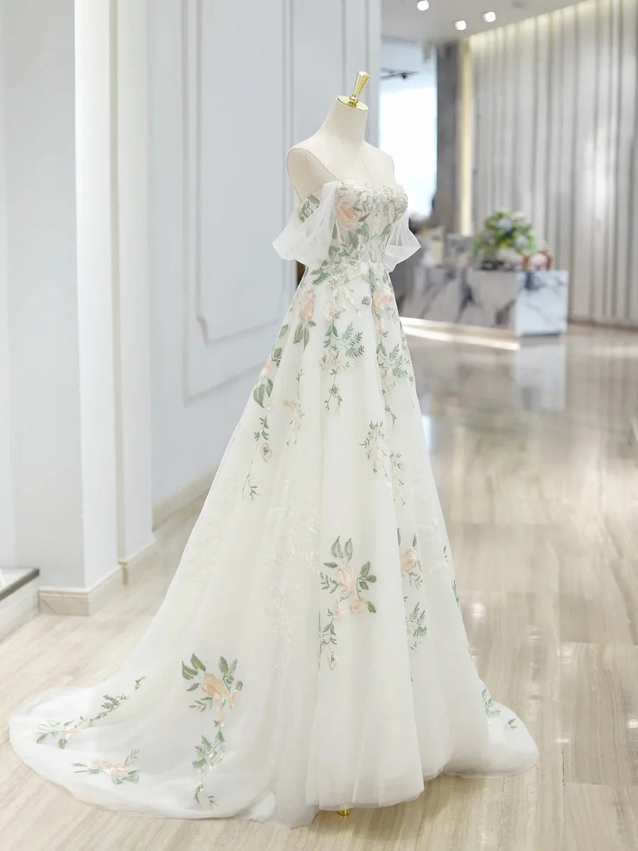 With Floral Lace Floor Length Prom Dress, Beautiful Off the Shoulder A-Line Evening Party Dress