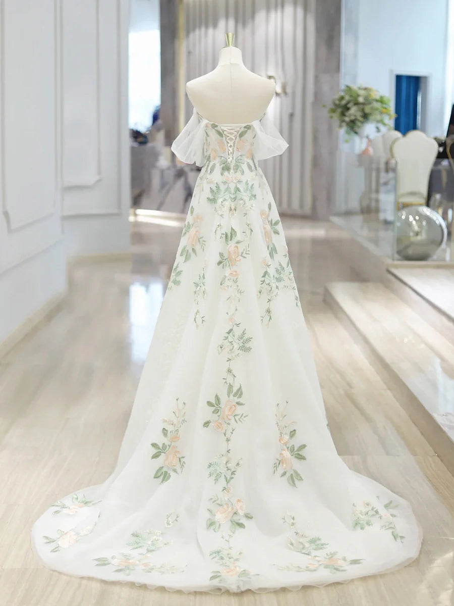 With Floral Lace Floor Length Prom Dress, Beautiful Off the Shoulder A-Line Evening Party Dress