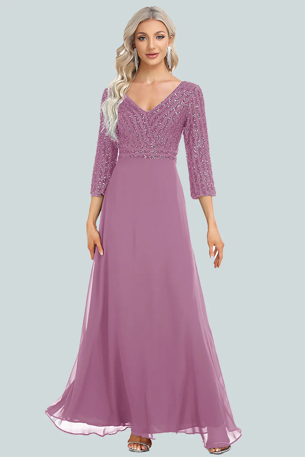 Women's Chiffon Double V-neck A-line Sequin Splicing Evening Dress