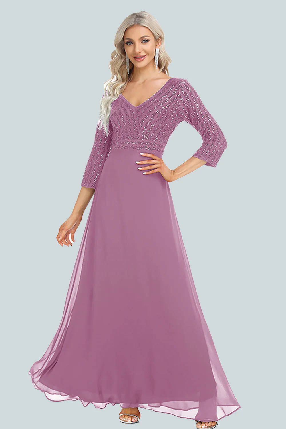 Women's Chiffon Double V-neck A-line Sequin Splicing Evening Dress