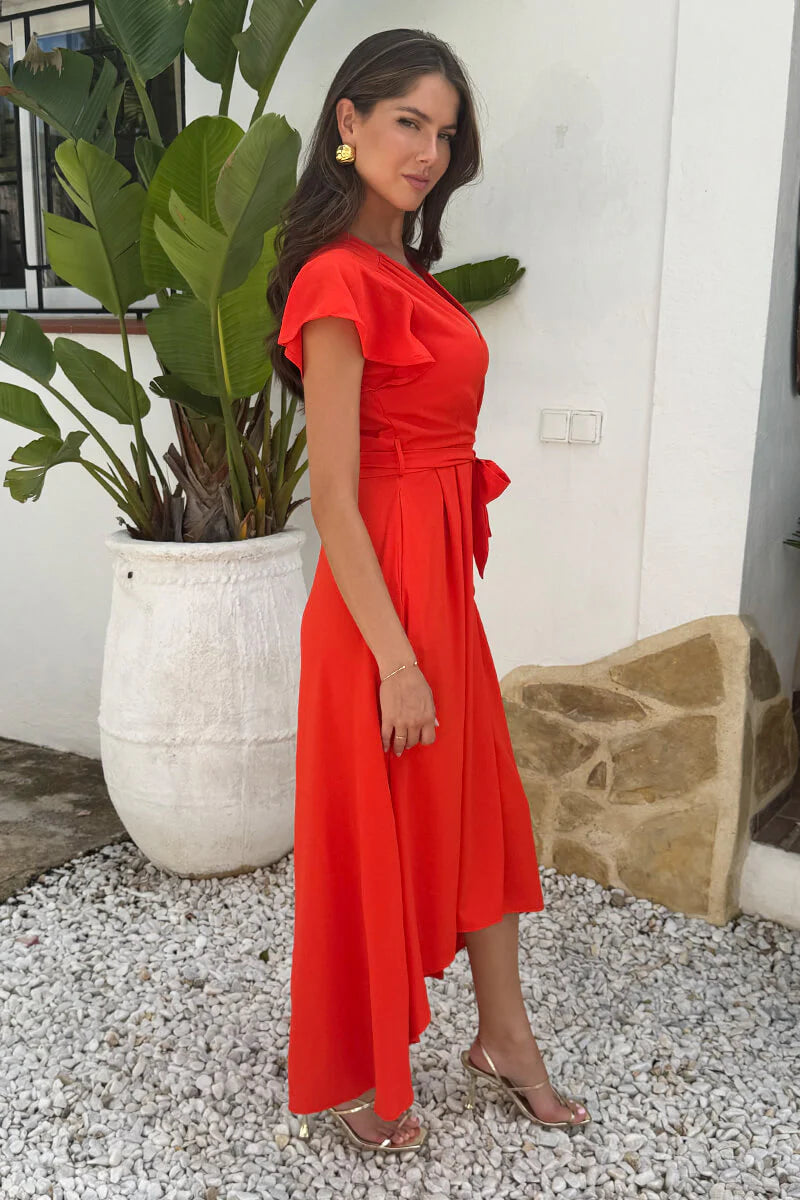 Wrap V-Neck Ruffle Sleeve Belted High-Low Chiffon Evening Dress