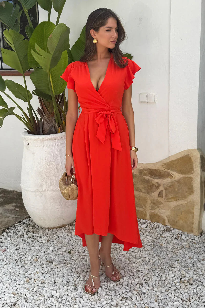 Wrap V-Neck Ruffle Sleeve Belted High-Low Chiffon Evening Dress