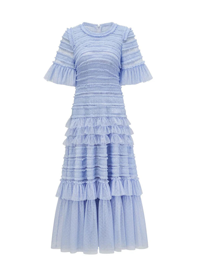 Elegant Short Sleeves Round Neck Layers Blue Long Prom Dress