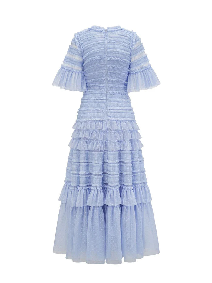 Elegant Short Sleeves Round Neck Layers Blue Long Prom Dress