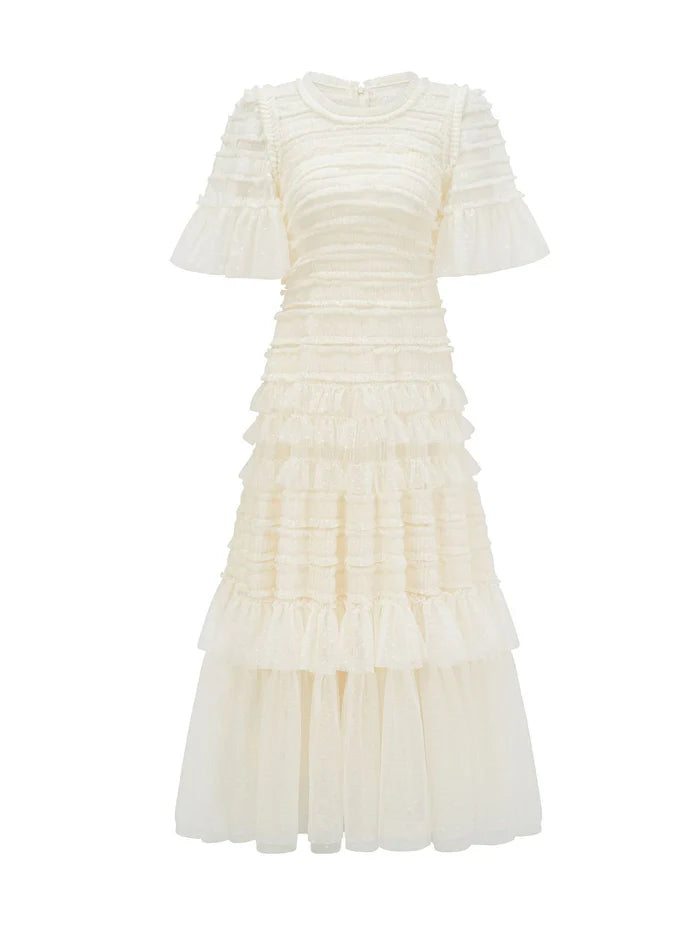 Apricot Elegant Short Sleeves Round Neck Layers Long Prom Dress