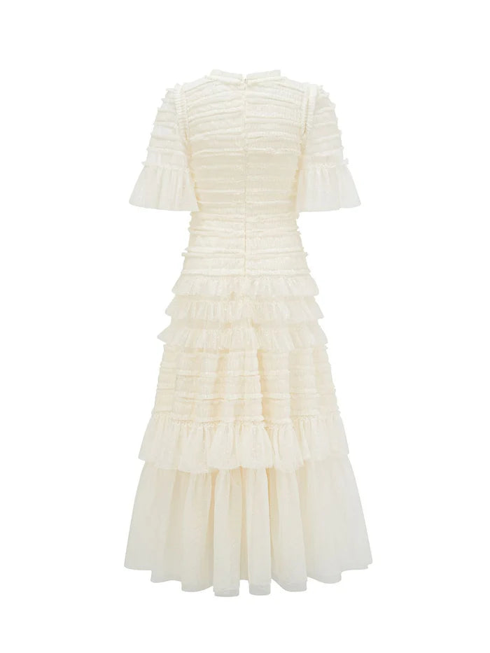 Apricot Elegant Short Sleeves Round Neck Layers Long Prom Dress