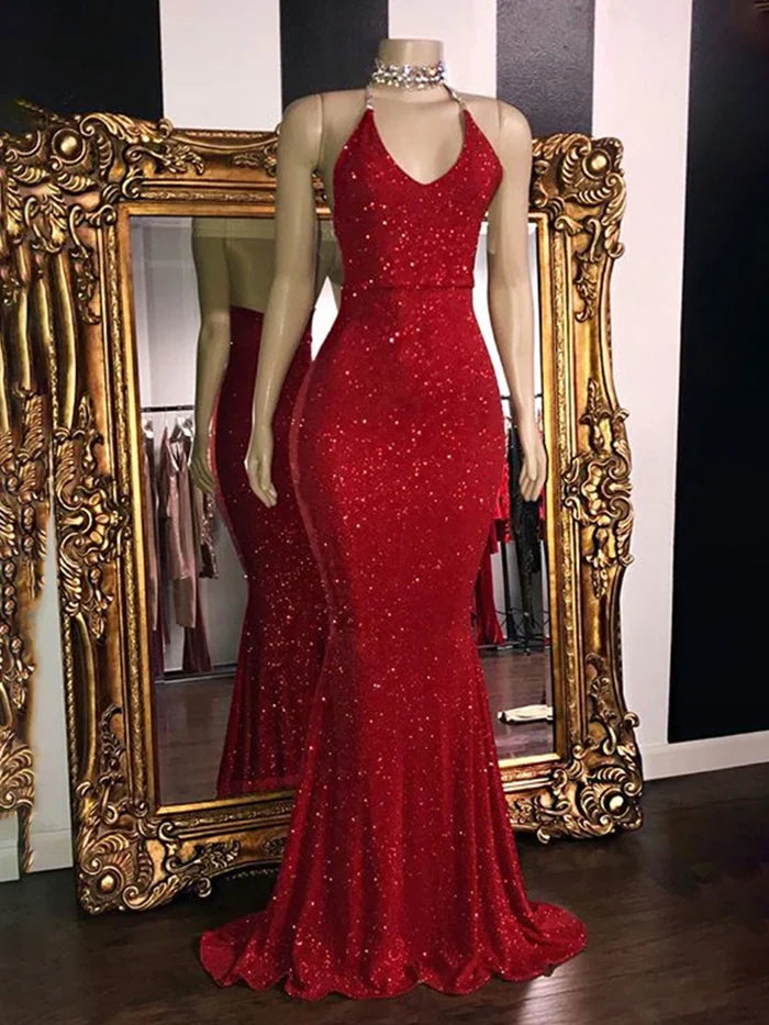 Glitter Halter Mermaid/Trumpet Backless Long Prom Dresses