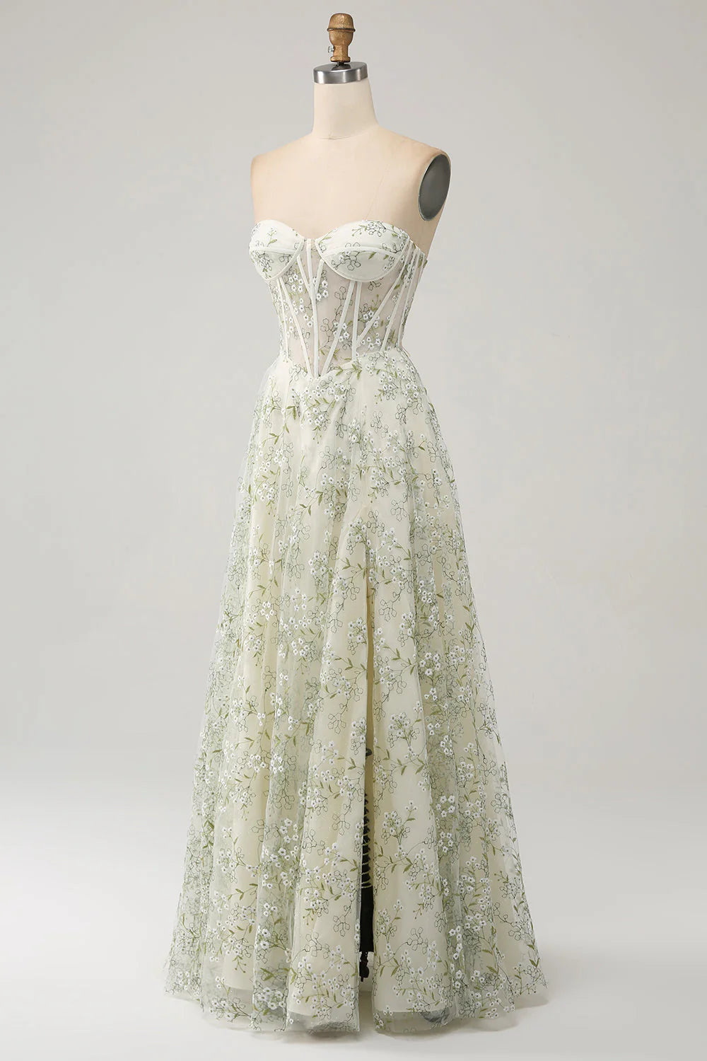 Light Green A-Line Sweetheart Corset Long Prom Dress with Embroidery