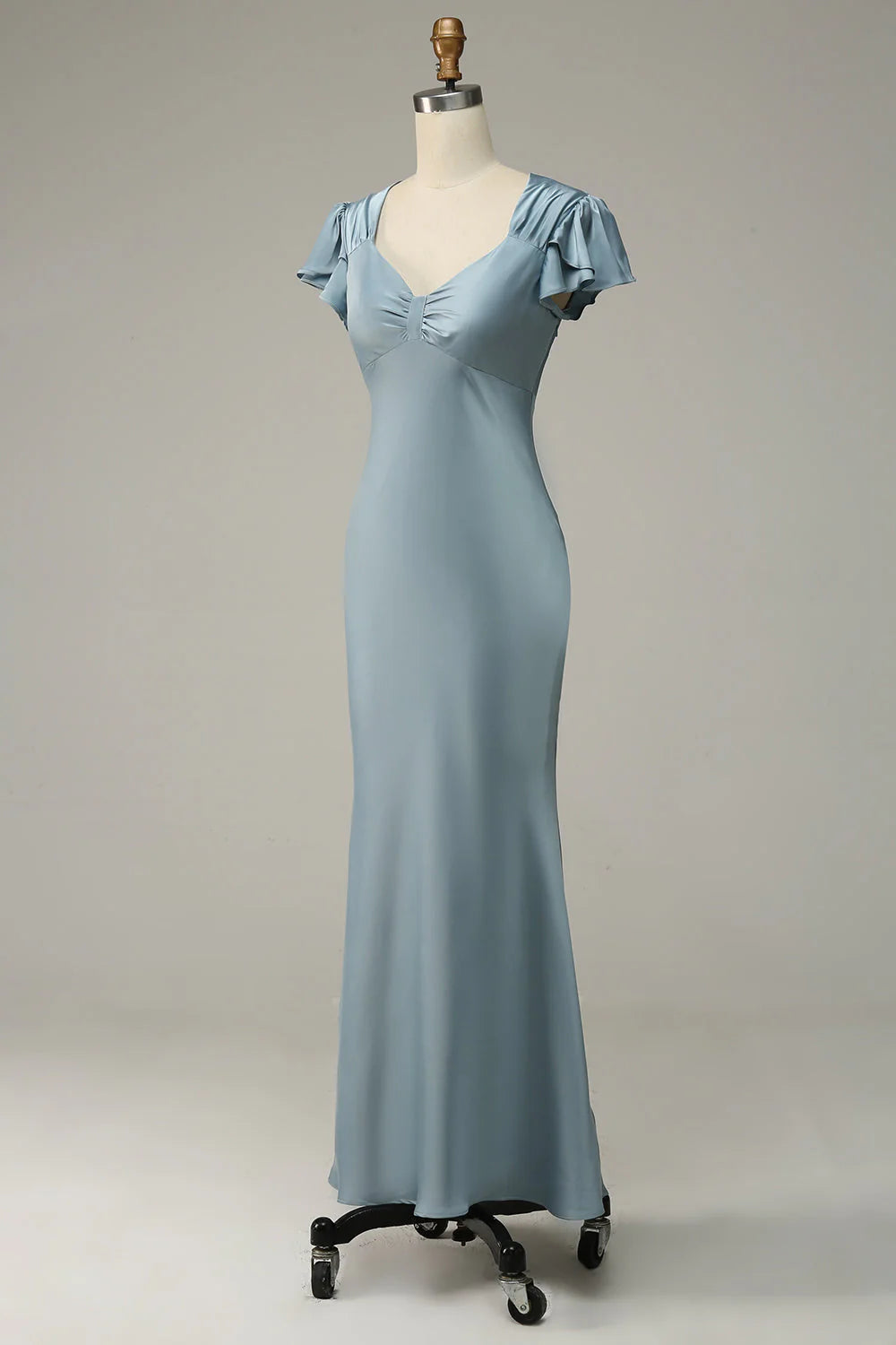 Grey Blue Satin Simple Prom Dress with Ruffles