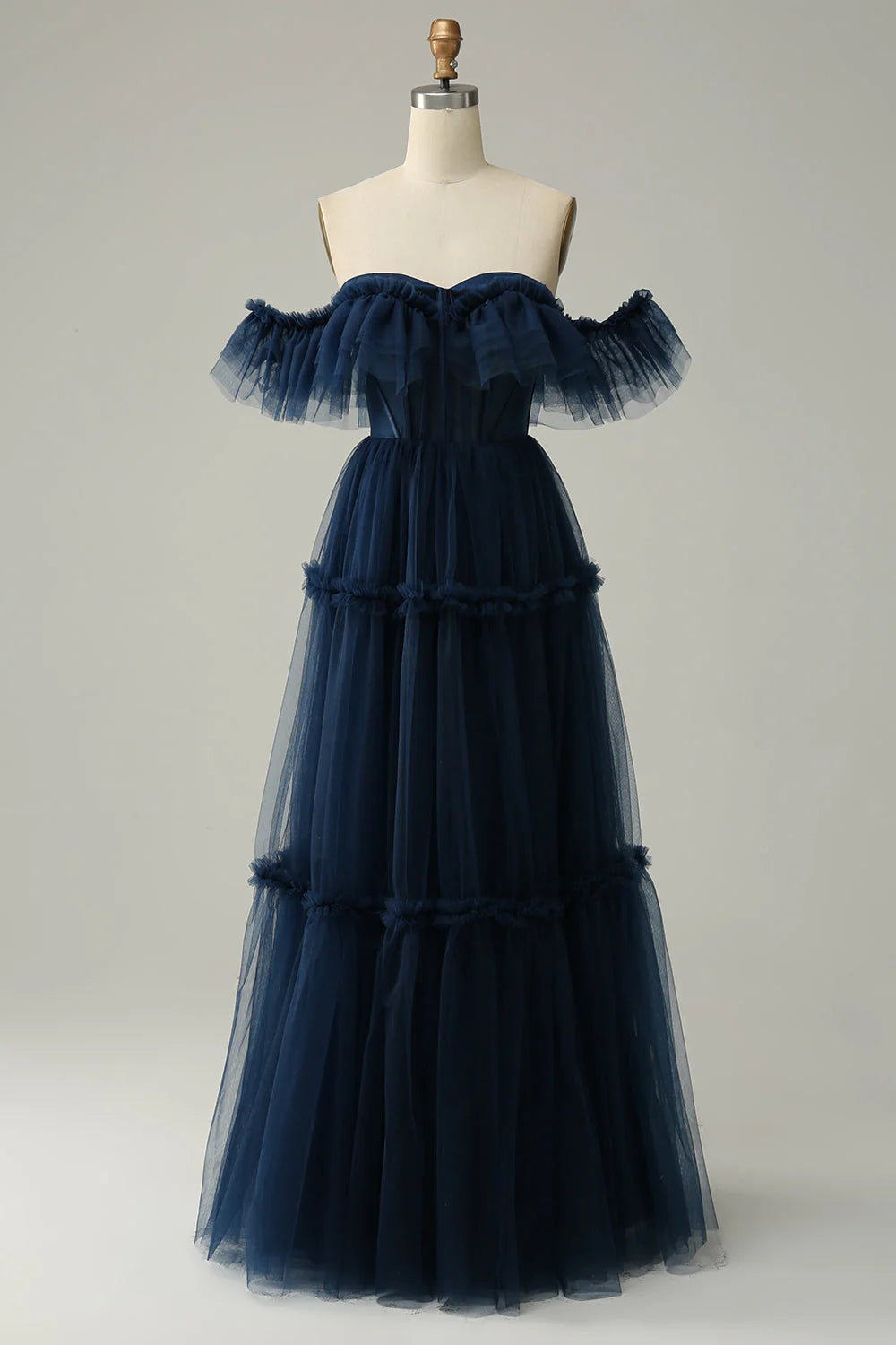 A-Line Off the Shoulder Sweetheart Tulle Navy Long Full Of Charm Prom Dress