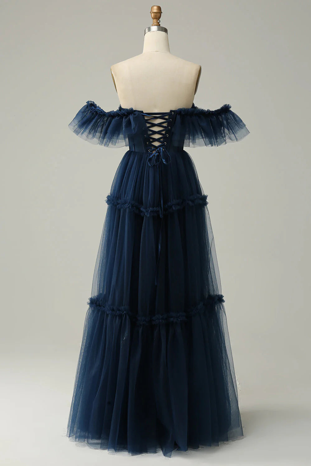 A-Line Off the Shoulder Sweetheart Tulle Navy Long Full Of Charm Prom Dress