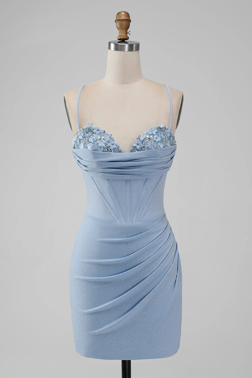 Light Blue Bodycon Corset Spaghetti Straps Short Full Of Charm Homecoing Dress