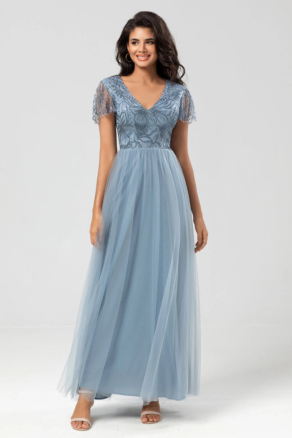 Confidently Charismatic A Line V Neck Dusty Blue Long Mother of the Bride Dresses