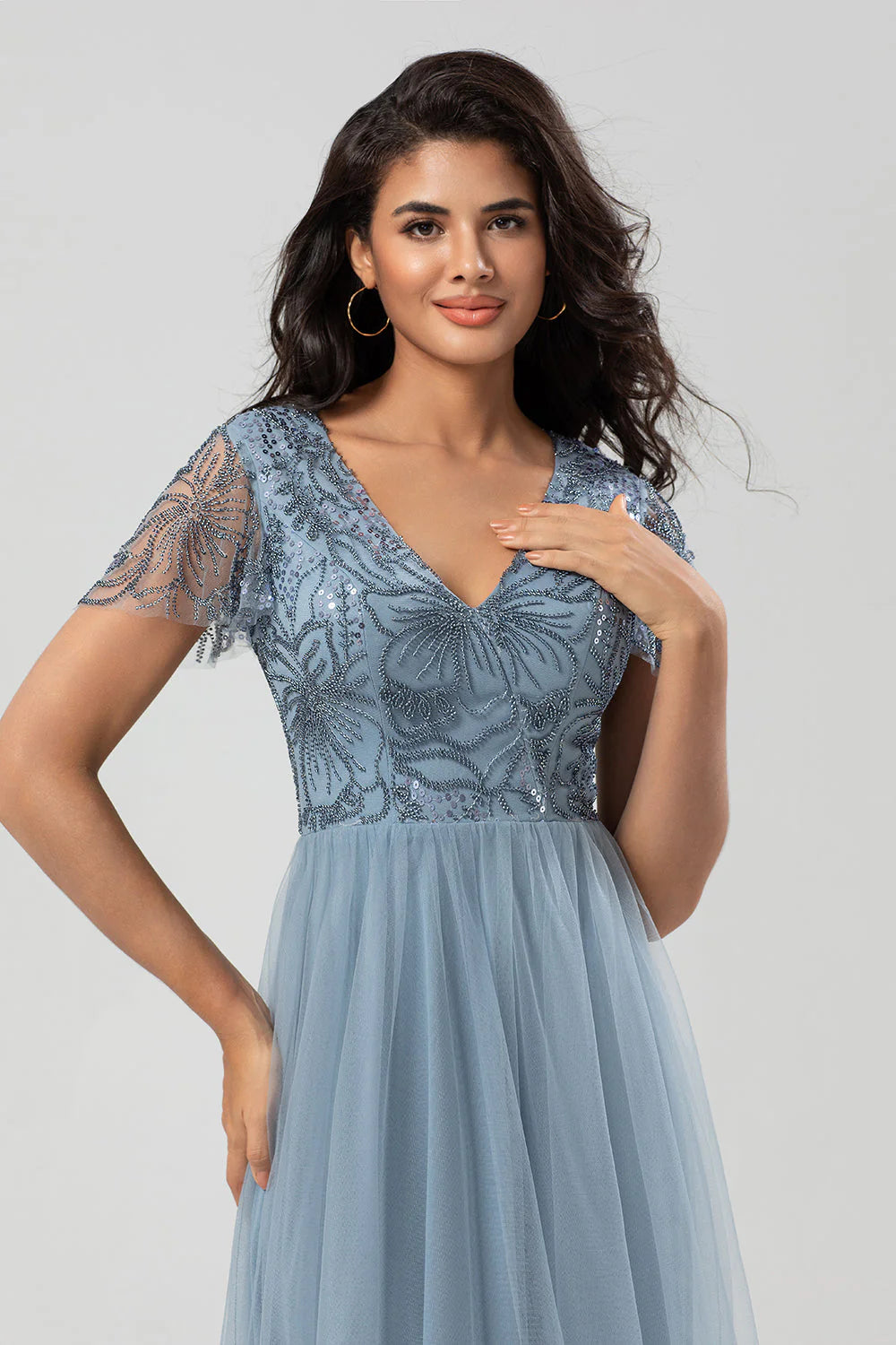 Confidently Charismatic A Line V Neck Dusty Blue Long Mother of the Bride Dresses