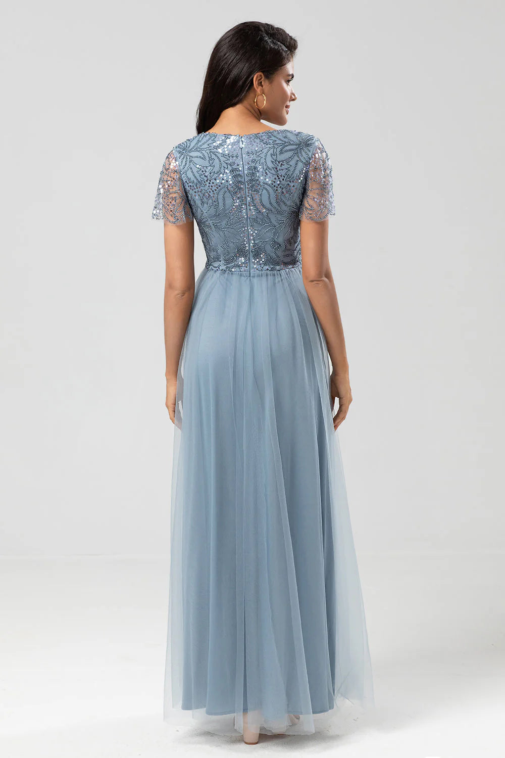 Confidently Charismatic A Line V Neck Dusty Blue Long Mother of the Bride Dresses