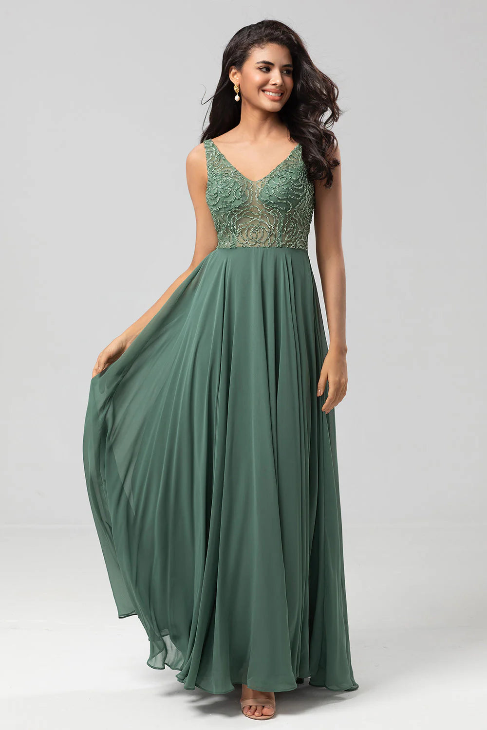 Confidently Charismatic A Line V Neck Eucalyptus Long Mother of the Bride Dresses