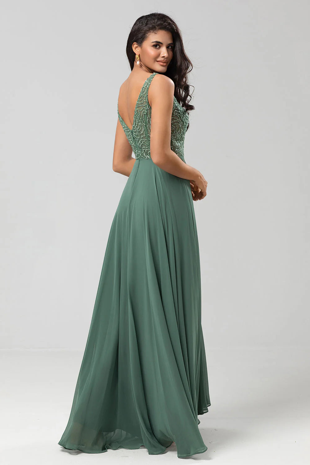 Confidently Charismatic A Line V Neck Eucalyptus Long Mother of the Bride Dresses