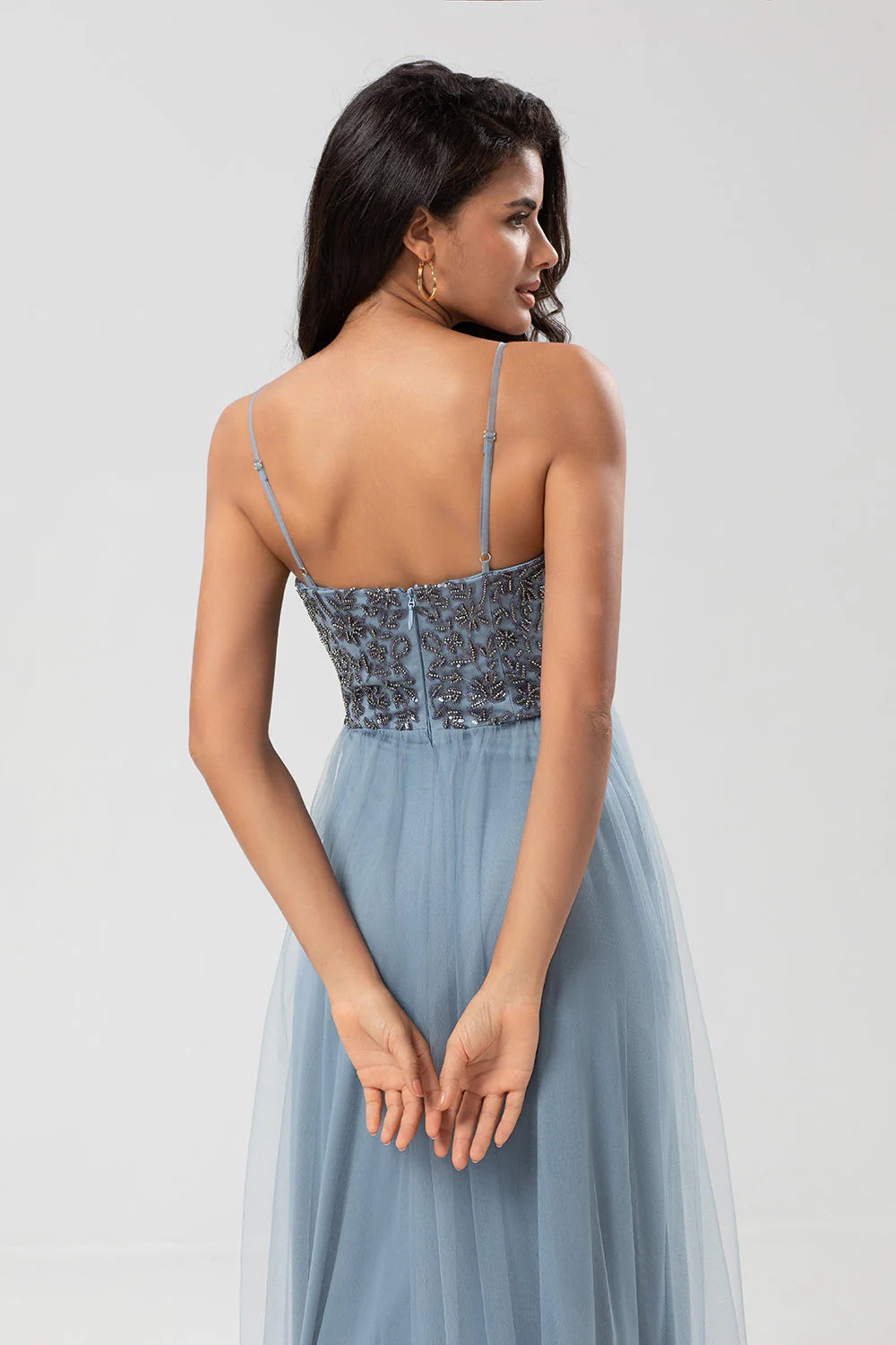 Chic Romantic A Line Spaghetti Straps Dusty Blue Long Mother of the Bride Dresses